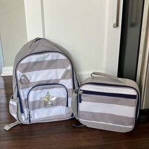 Pottery Barn Kids Gray and White Striped Backpack with matching lunchbox